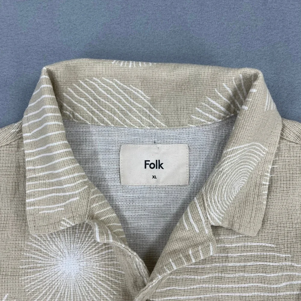 Folk Mens XL Tan Geometric Sunburst Print Textured Cotton Short Sleeve Shirt - Picture 4 of 13